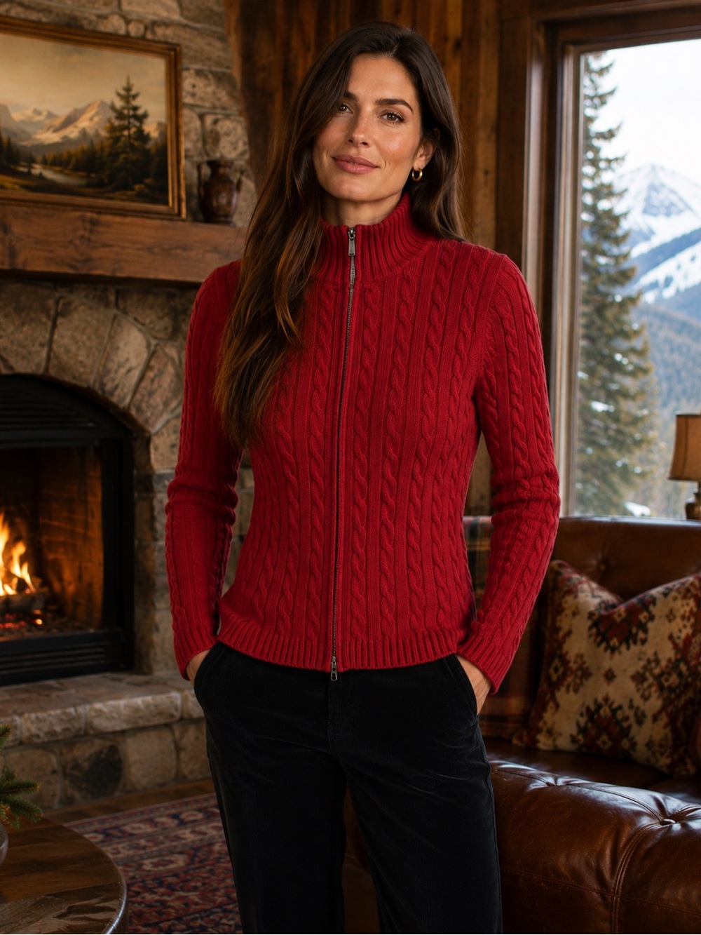 L.L. Bean Size S Mock Neck Full Zip Red Cotton Cable Knit Fisherman Cardigan